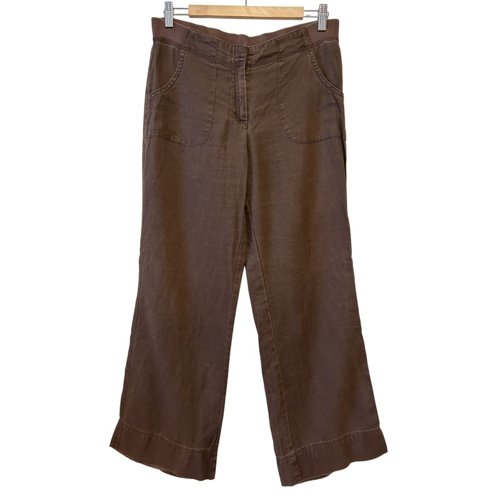 J Jill Wide Linen Pants Brown Beach Boho Stretch Waist Patch Pocket Size XS
